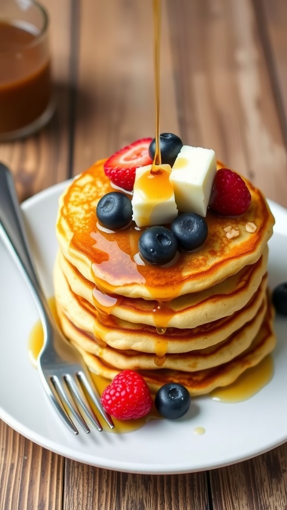 Oatmeal Egg Pancakes Recipe A stack of oatmeal egg pancakes with berries and syrup on a rustic table.